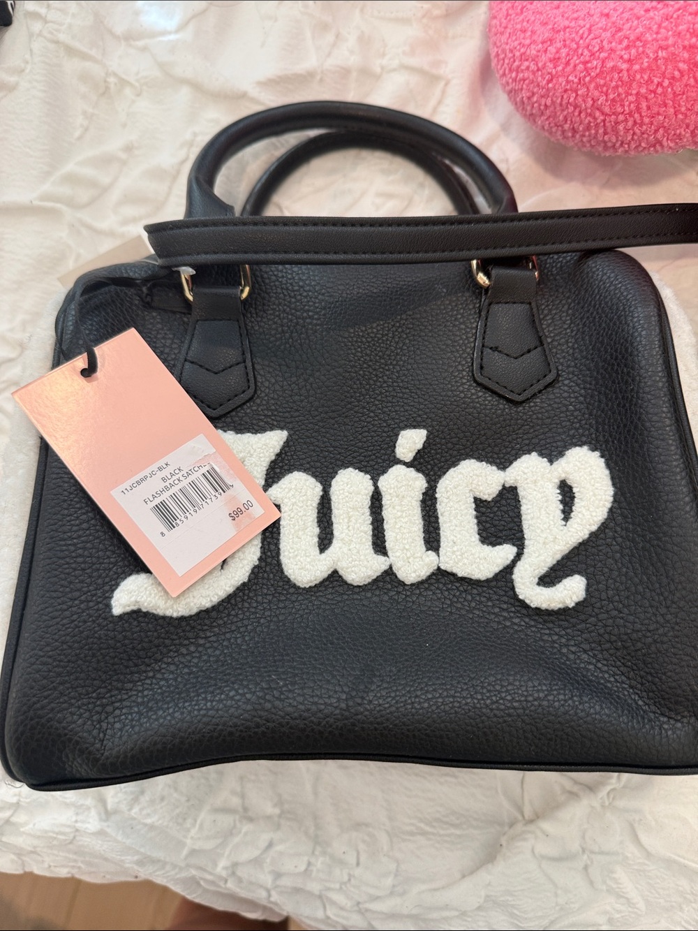 Juicy Couture Black Satchel with White Sherpa 'Juicy' Logo